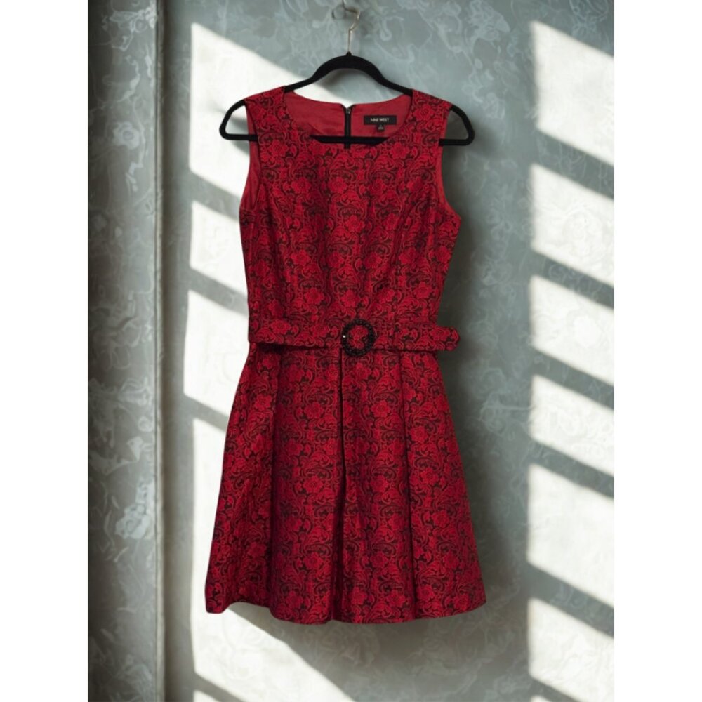 Nine West Red and Black Brocade Fit and Flare Dress - Picture 3 of 4